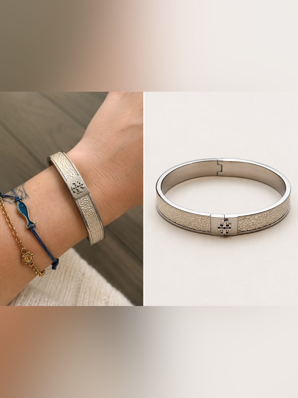 Tory Burch Silver Tone Pebbled Leather Hinged Bangle Bracelet Logo Quiet Luxury‎